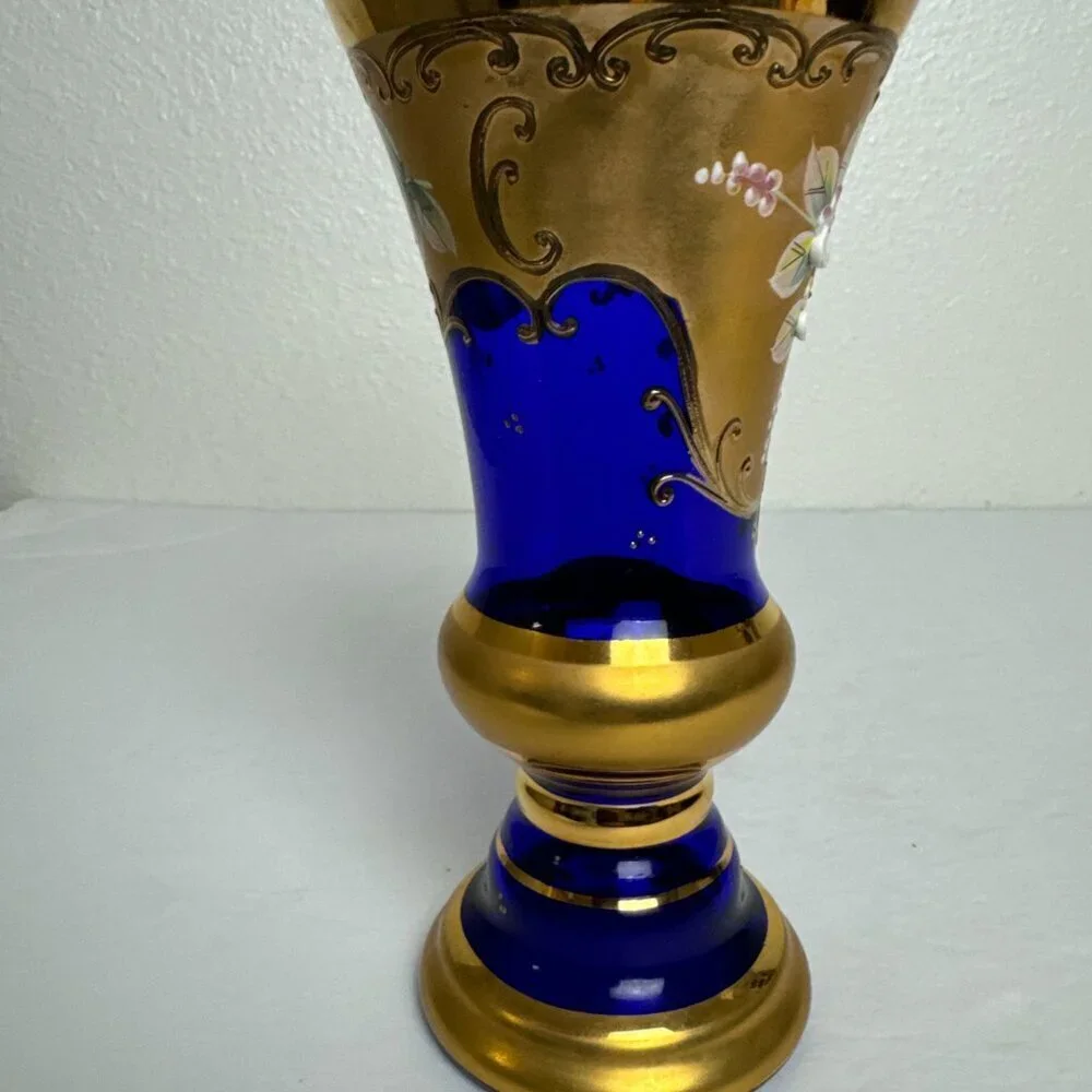 Vintage MCM Enamel Cobalt Blue Luxury Bohemian Czech Crystal Vase 24K Gold
